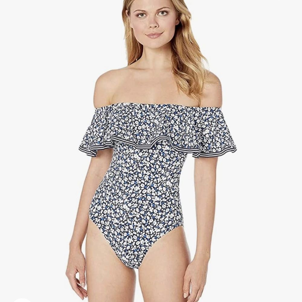 Lauren Ralph Lauren black and white floral off shoulder bandeau one piece size 6